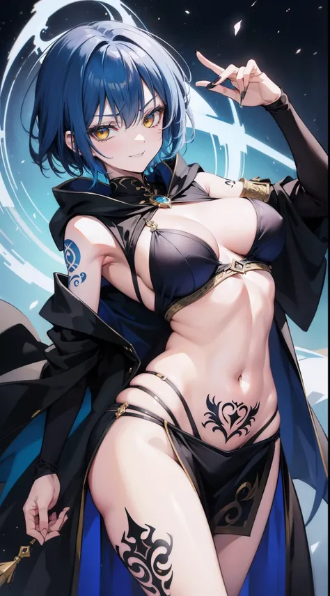 Adult woman, Short blue hair, Yellow eyes, tattoo, Dark magic dress, Sleeveless, open belly, open breasts, cloak, smirk, Masterpiece, hiquality