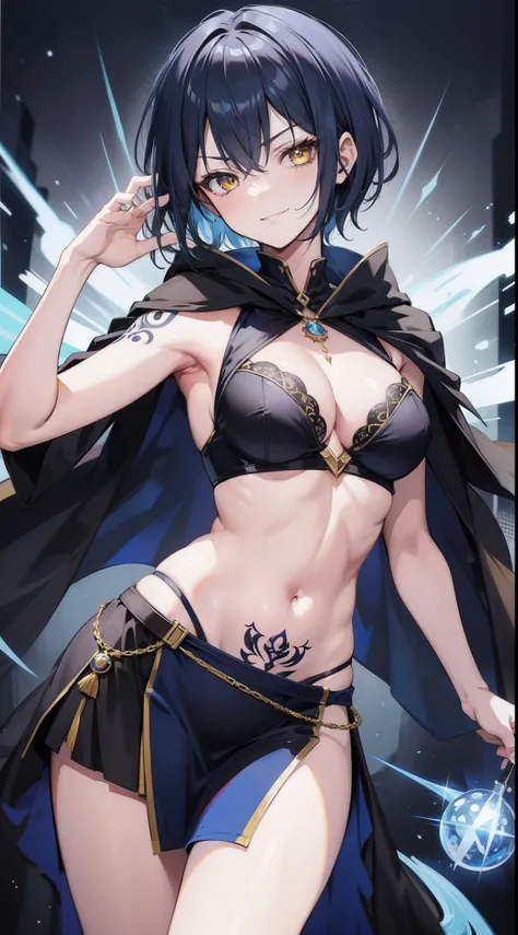 Adult woman, Short blue hair, Yellow eyes, tattoo, Dark magic dress, Sleeveless, open belly, open breasts, cloak, smirk, Masterpiece, hiquality