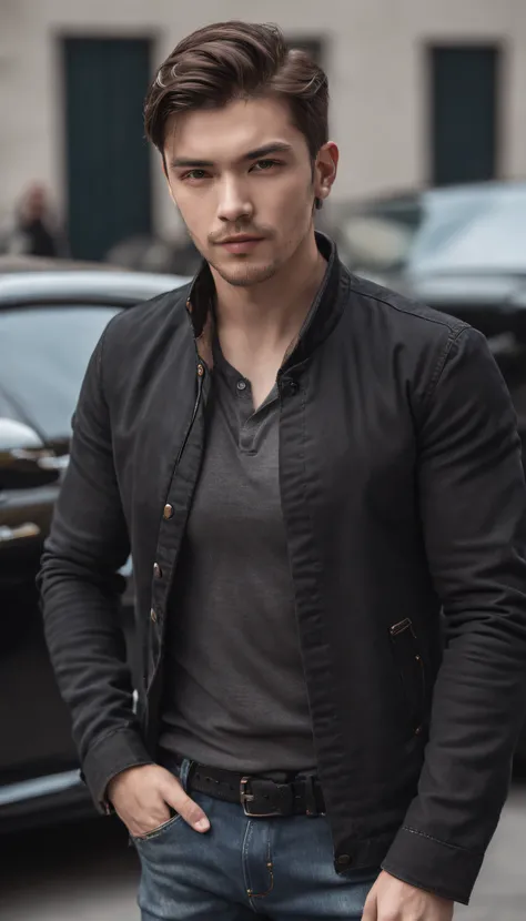 a young boy physically good wearing black shirt jeans that look awsome and dark jacket standing near a supercar and a heliptor on him potrait , a little bit distinguished forehead , black eyes , light beard