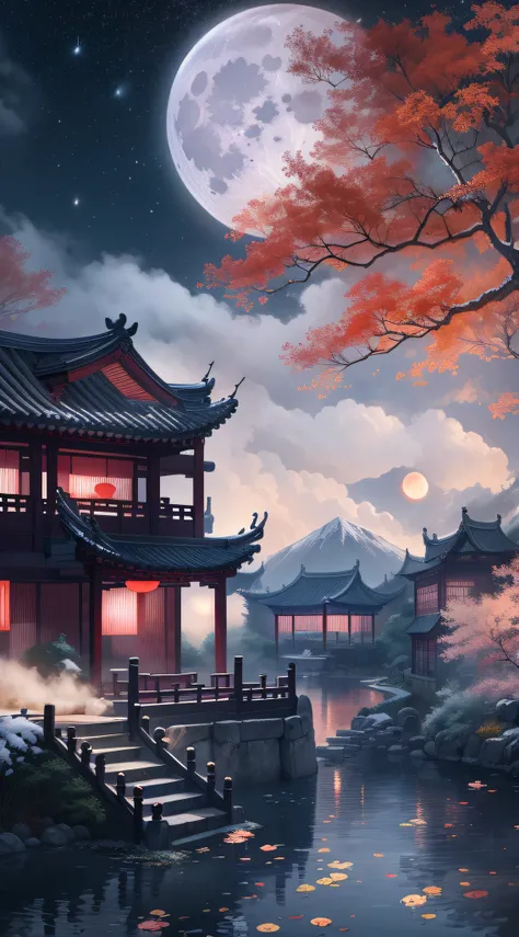 （Ancient Chinese beauties dancing：1.5），Surreal CG rendering ancient China，Jiangnan ancient buildings and ancient towns have Yaolin wonderland。the night，the huge moon：1.5，The stars are bright，The smoke is fascinating，Maple and milk leaves are trees。snow lan...