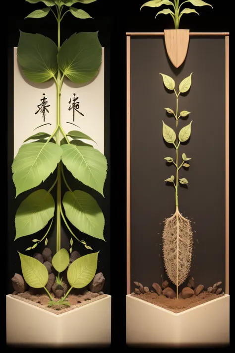 The left side of the screen，Carefully depict seeds of hope，Accompanied by a finely outlined root system，The root system travels through the soil，Extend into the depths。The right side of the screen，Plants that exhibit tall and vigorous growth