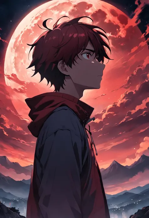 Under a dark red sky, A handsome teenager quietly stared at the twisted and terrifying moon in the sky