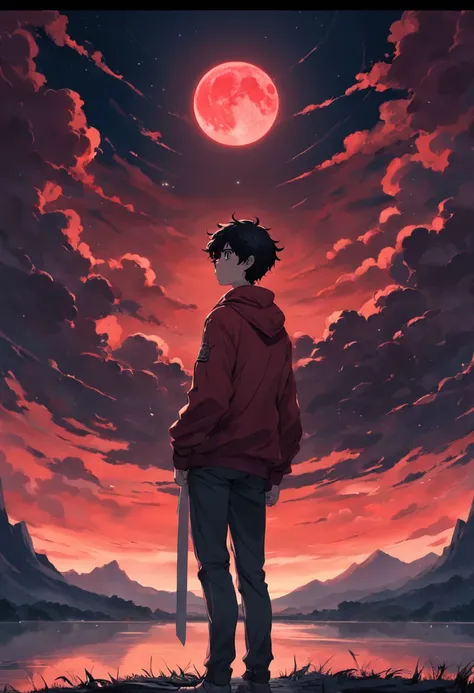 Under a dark red sky, A handsome teenager quietly stared at the twisted and terrifying moon in the sky