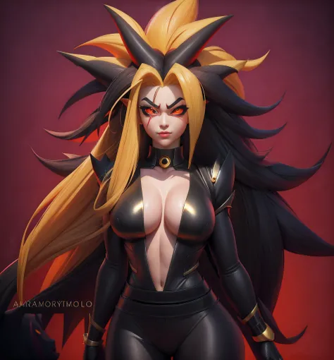 A cartoon image of a woman with a very large chest and very long blonde and black hair, Fanart officiel, Saiyan fille, official artwork, Broly, Version SFW, pose intimidante, symmetry!! portrait of akuma, a queue, Crocodiles, dans le style anime, Personnag...