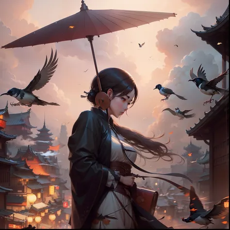 there is a woman walking with an umbrella and birds flying in the sky, artwork in the style of guweiz, by Li Song, guweiz, guweiz masterpiece, by Zou Zhe, inspired by Fenghua Zhong, by Yang J, by Ye Xin, by Xia Yong, by Lin Liang, by Tang Yifen