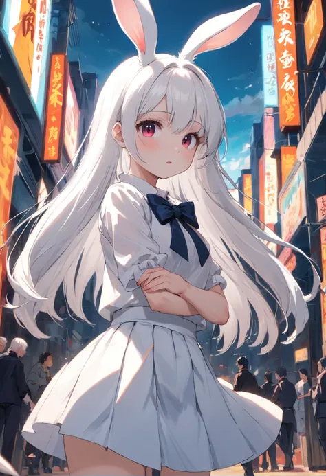 Girl White Rabbit White Hair Bow Short Skirt White Top Hands Behind You