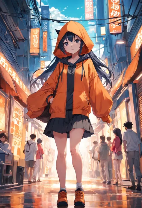 buatkan  gambar denga konspe wanita dengan hood kebuka , mengunakan celana pendek, ,sedang minuman orange juice dalam kotak , , background gedung hancur, dengan gaya anime 90an, dengan tone warna monokrom