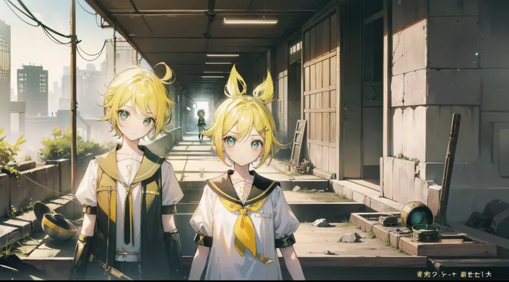 slums、charicature(kagamine phosphorus)、charicature(kagamine ren)、2 people only、two twins(1 boy、1 girl in)、yellowhair、green eye、a...