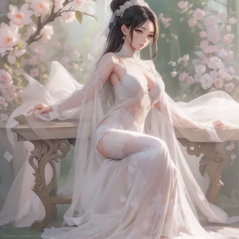 ((Masterpiece, Highest quality)), Detailed face, CharacterDesignSheet， full bodyesbian, Full of details, Multiple poses and expressions, Highly detailed, Depth, Many parts，Asian faces，beuaty girl，Lace，lacepantyhose, wedding gown，High Balance, Natural light