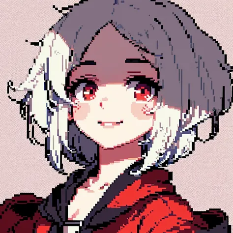 Pixel art, Masterpiece, pix, 1girll, White color hair, White pick dye, Red eyes, short detailed hair ,hooding, Petite, Small chest, Face only, vivaciousness, Pursed his lips and smiled, Anime style, Cute, Simple background, contrasting background