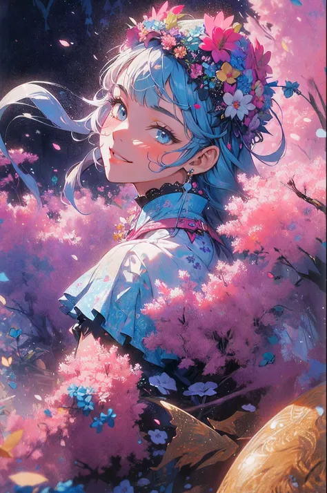 ((Flower dress),((flowercrown))，innocent smiles，(1 girl, Solo:1.6),(Cute smile),(Clothes are simple), (Best Impact:1.5), (maximalism:1.7), Vivid contrast, (Realistic), hyperrealistic illustrations, hight resolution, ultra-detailliert, absurderes,(Fractal A...