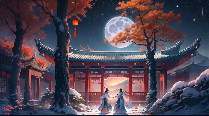 （Ancient Chinese beauties dancing：1.2），Surreal CG rendering ancient China，Jiangnan ancient buildings and ancient towns have Yaolin wonderland。the night，the huge moon：1.5，The stars are bright，The smoke is fascinating，Maple leaves and milk leaves are trees。s...