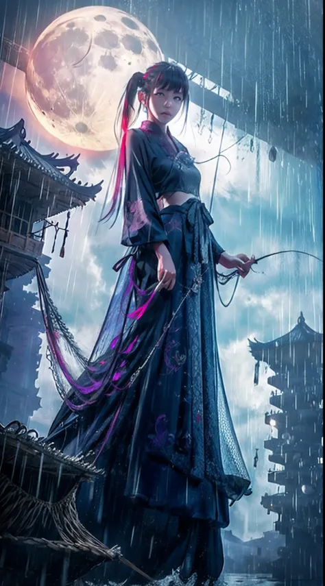 Blue eyes and vertical pupils, large moon，Dark style，Light purple woman，high ponytails，White Hanfu，fishing nets，Sweet rain