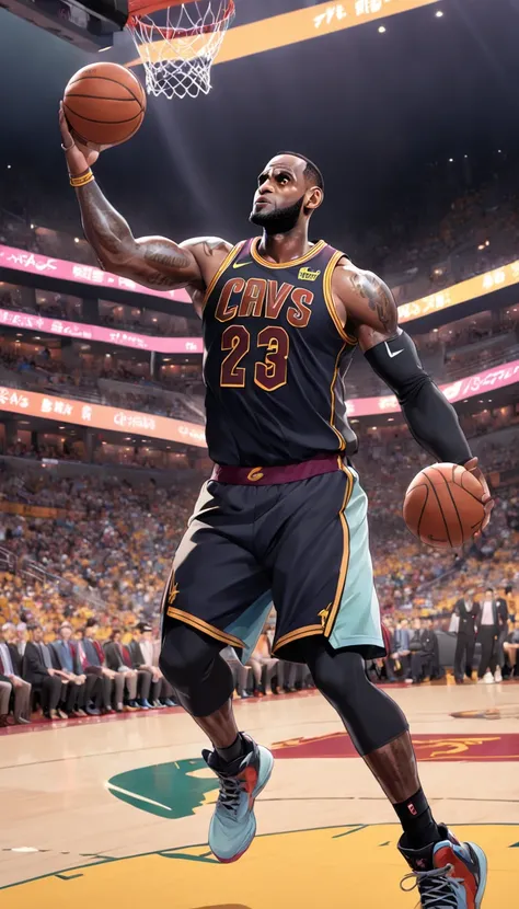 LeBron James jogando basquete como personagem de anime , Standard scenario , roupas tradicionais , melhor qualidade em tudo , obra prima