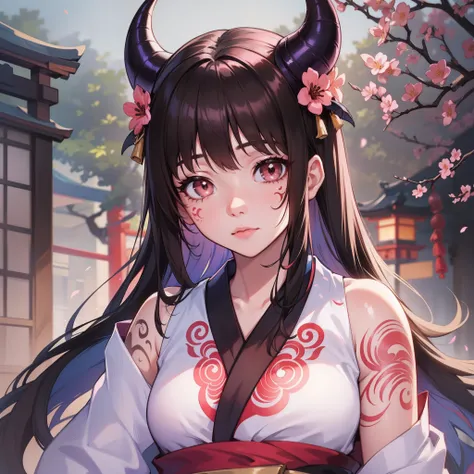 best quality, highly detailed beautiful face and eye, (1girl, solo), 18years old, black straight hair, white demon horns, brown eyes, light pink lips, floral tattoo on face, earnest expression, white kimono, Japanese ancient capital