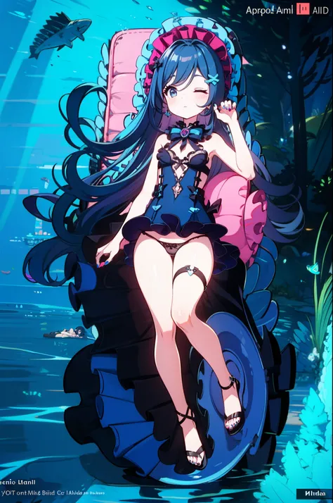 1girl, child, Blue navy dress with panties, long blue navy hair, masterpiece, best quality, full body, Sleep on your back under the sea, pink nails,