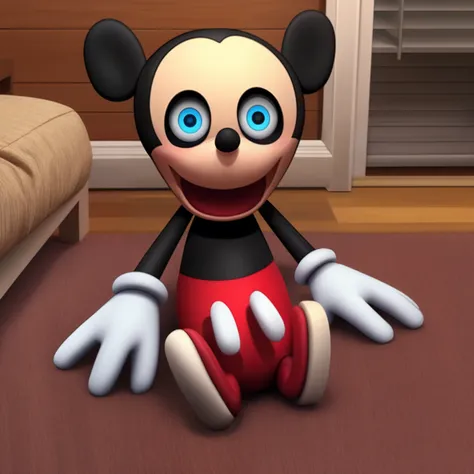 Mickey Mouse, no legs, legless, missing legs, blue eyes, open smile, big and wide mouth, agape, plush toy, real life