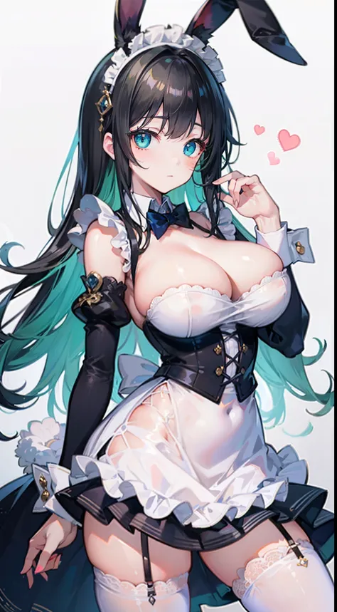 High quality, masterpiece, ultra-detailed, 1girl, bunny maid outfit, solo, peaceful expression, long black hair, enchanting eyes, blue and green eyes, heterochromia, bunny ears, ridiculously large breasts, shiny skin, bedroom