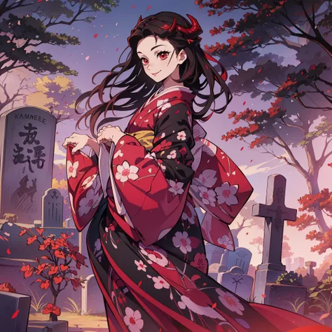 (masterpiece, best quality:1.2), kimetsu no yaiba style, kamado nezuko, (1girl, solo), 18years old, black wave hair, (red demon horns, red eyes), pink kimono, evil smile, from side, (in the cemetery, Japanese style tombstone), look at tombstone