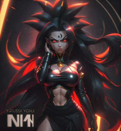 A cartoon image of a woman with a very large chest and very long blonde and black hair, Fanart officiel, Saiyan fille, official artwork, Broly, Version SFW, pose intimidante, symmetry!! portrait of akuma, a queue, Crocodiles, dans le style anime, Personnag...