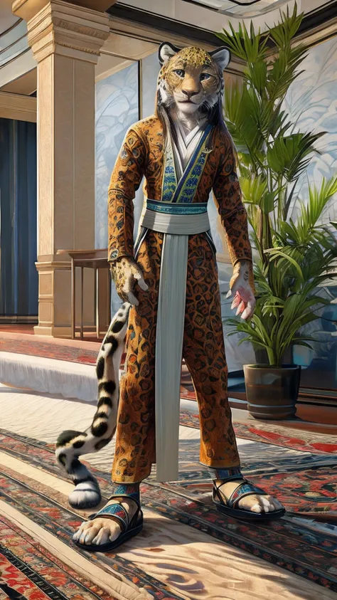 Bionic Leopard，female，White Hanfu，sandals，Children，Standing on the carpet in the hotel，HD graphics，Detailed and realistic，high detal，high qulity，photo-realistic，photorealistic eye，Detailed paws，Clear eyes，Masterpiece artwork，Five-fingered hands，top-quality...