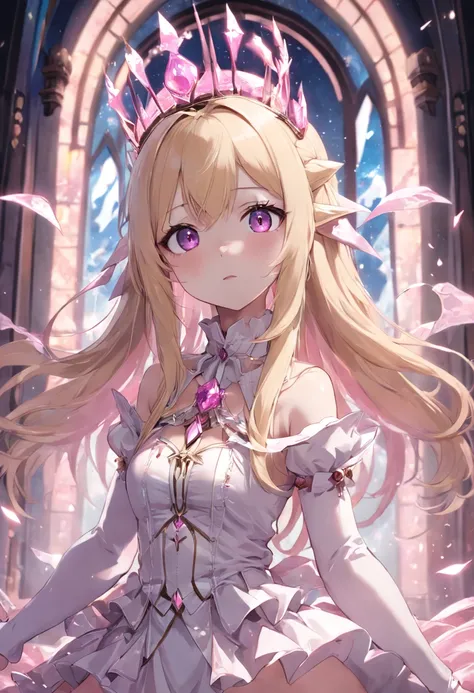 Anime girl with long blonde hair and white stockings，Pink and white clothes，Gothic，Crown of Crystals，Sanctuary，Magical fantasy，444 Hz, Beautiful, Breathtaking, Highly detailed, 8K, Use, Affectionate, Ultra photo realsisim, scenery