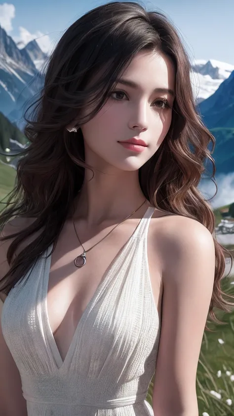 masterpiece,ultra realistic,32k,extremely detailed CG unity 8k wallpaper, best quality,
The Swiss Alps, Switzerland, ( Dark red A-line dress ) ,((spring day )), Beachy waves with a side part ,eardrop,lady ,necklace,