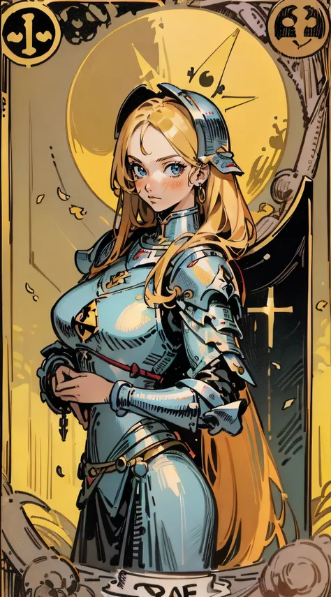 (masterpiece, best quality;1.3),(tarot card:1.2), 1female,female focused,long blond hair, 30 years old, muscular and perfect body,beautiful face, crusader, full_armored,shield, solo, looking at viewer, calligraphy characters, symmetrical composition, long ...