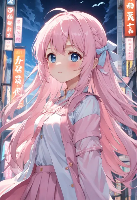 Long light pink and white hair，Blue, White and pink clothes，She is a cute and cute girl，Transfer sister，It looks very light and gentle