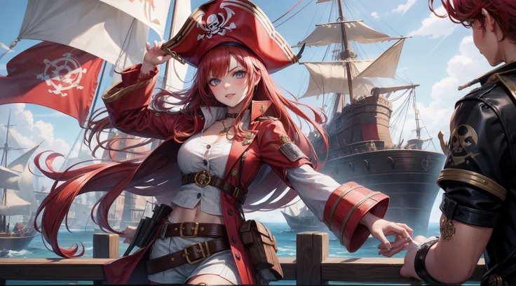 red head, pirate hat, gunner girl, smooth and detailed fingers