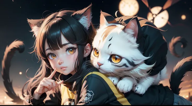 There is a cat on one shoulder，cartoon of a girl with a cat on her shoulder, she has a cute expressive face, in style of cytus and deemo, pin on anime, Anime moe art style, with huge luminous sad eyes, Female protagonist 👀 :8, with index finger, High quali...