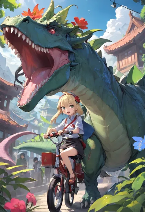 Cartoon picture of a girl riding a dinosaur，A flower is worn on his head, author：New Art, front cover of a new video game, dragon vore art, official fanart, author：Sheng Maoye, author：Shitao, Detailed fanart, Primordial era, dragon vore, Official artwork, ...