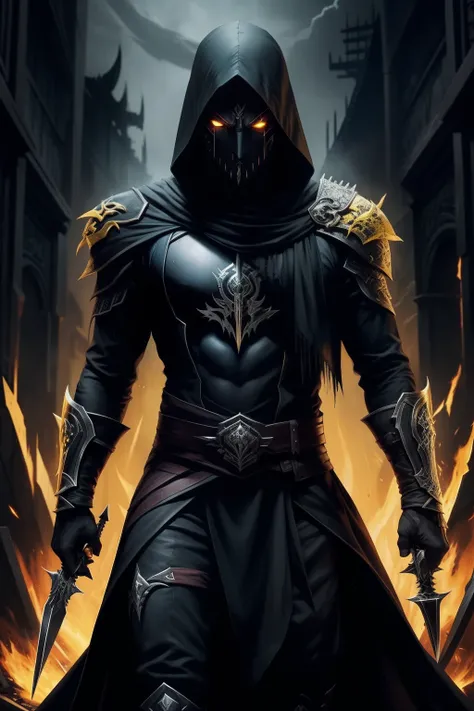 Dark Assassin with daggers in his hands and yellow eyes, fundo escuro, dark, destruction, energia de raios amarela em volta