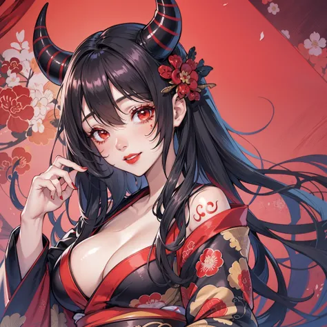 best quality, highly detailed beautiful face and eye, (1girl, solo), upper body, (kimono, undressing), black long hair, red demon horns, red eyes, red lip, floral tattoo on face, happy smile, lie in bed