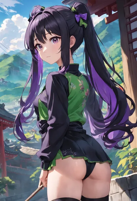 cabelos preto e longos，Side ponytail，Purple and green clothes，China-style，black lence stockings，444 Hz, Beautiful, Breathtaking, Highly detailed, 8K, Use, Affectionate, Ultra photo realsisim, scenery