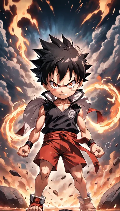 Luffy chibi gear 5 , Scenario with destruction , roupas tradicionais , olhar fixo , imagens sem deformidades , melhor qualidade em tudo , obra prima