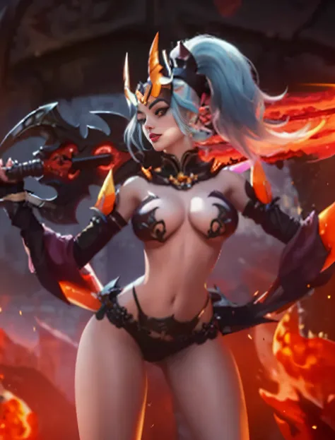 a woman with a very big breast and a very sexy body, hot fire goddess, beautiful succubus, extremely detailed artgerm, beautiful elegant demon queen, lava and fire goddess, appears as the fire goddess, succubus in tight short dress, onmyoji, ig model | art...