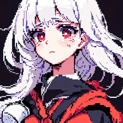 Pixel art, Masterpiece, pix, 1girll, White color hair, White pick dye, Red eyes, long whitr hair ,hooding, Bigboobs, Big chest, Face only,  Crying expression，Anime style, Cute, Simple background, contrasting background