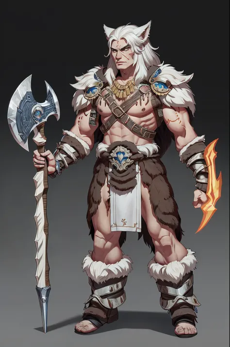 1 boy、独奏,full bodyesbian,barbarian warrior,Draped in wolf skin,standing on your feet,ax,simple backgound,Magical fantasy design,character concept design,Beautiful face and eyes,tmasterpiece,best qualtiy,Best resolution,high definition detail