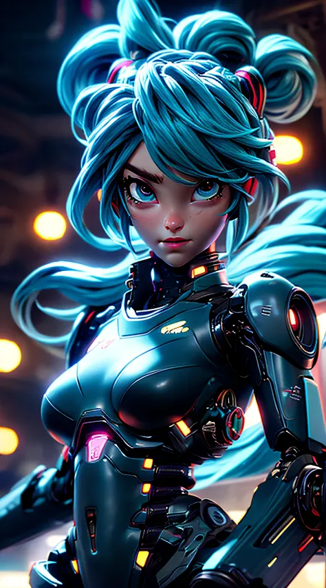 cgmech, beautiful eyes, upper body, underboob,  portrait, robot, armor, hatsune miku, neon light, 8k, raw, best quality, masterp...