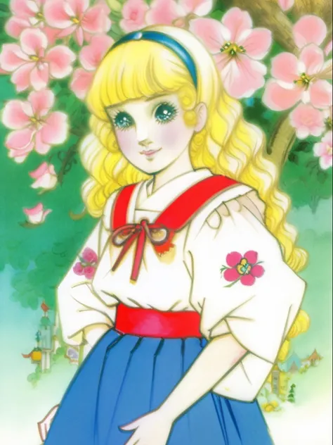 downy，1980 anime，Retro anime，Rumiko Takahashi，Kizi，blond hairbl，gentleness，Brush strokes，，grin，Western-style traditional skirt，Gorgeous palace，Flowers