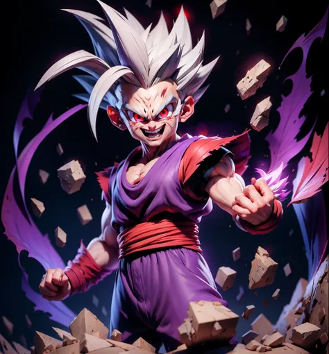 masterpiece, best quality, ultra-detailed, Adult Gohan 1boy, solo, Full body, evil smile, grey hair, spiked hair, (((red eyes))), (((perfect eyes))), (((PURPLE dougi))), full body, looking at viewer, male focus, earth (planet), planet, space, cracked groun...