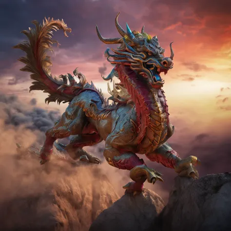 Best Quality, masutepiece, 超A high resolution, (photos realistic:1.4), Perfect litthing, realistic shadow, magnificent scene, Legendary creature mixed with Chinese dragon and horse, dramatic sky, vivd colour.