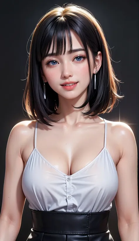 (high-level image quality、high-detail、hightquality、hight resolution、Draw everything in high resolution)、Intense crystal light blue eyes、耳Nipple Ring、Look firmly at the camera、Put your ears out、Beautiful black hair、Beautiful berry short beautiful hair with ...