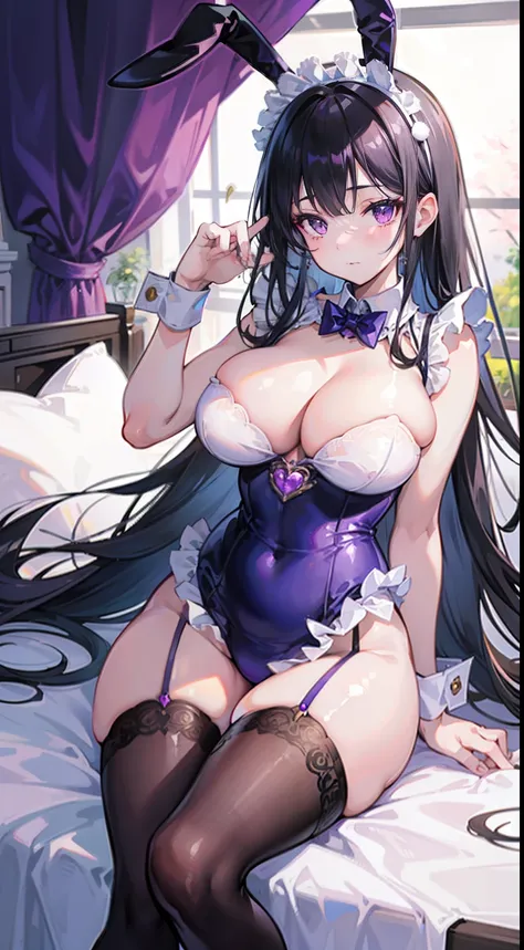 High quality, masterpiece, ultra-detailed, 1girl, bunny maid outfit, solo, peaceful expression, long black hair, enchanting purple eyes, bunny ears, ridiculously large breasts, shiny skin, bedroom