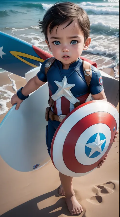 "Picture an endearing and heartwarming scene where a Superbaby Captain America discovers the joys of the beach while carrying a surfboard. Visualize a tiny Captain America, clad in a miniature version of his iconic suit, exploring the sandy shoreline. His ...