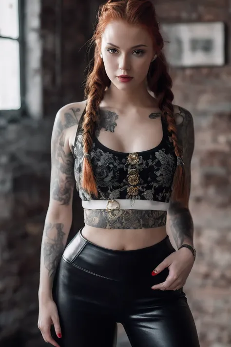 an steampunk girl at a party, (white crop top:1.2), small breast, black and blue leather, tattoo, hyper detailed, ultra sharp, long auburn hair in braids, 8k, (insanely detailed:1.5), full body photograph, 20 megapixel, canon eos r3, detailed skin, pale sk...