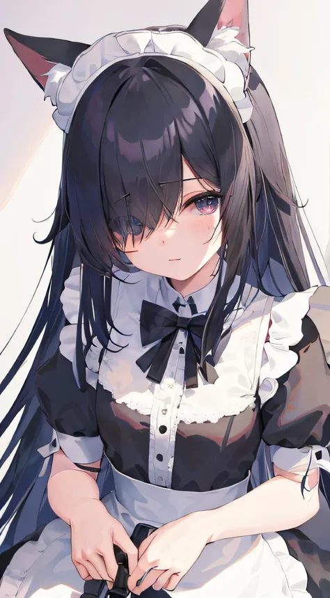 Anime girl with black hair and white dress sitting on chair, anime girl in a maid costume, Maid outfit, anime moe art style, anime cat girl in a maid costume, gorgeous maid, anime visual of a cute girl, loli in dress, clean and meticulous anime art, cute a...