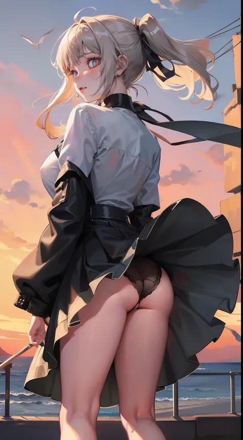 NSFW, She holds the back of her skirt with her hand to keep it from rolling up against the wind coming from behind.

However, the wind was so strong that she could not turn up the back of the skirt, but the front of the skirt was turned up and  her front o...