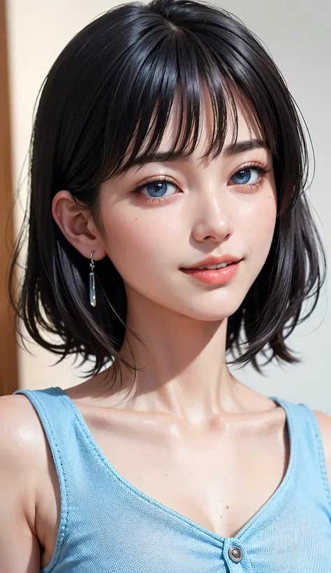 (high-level image quality、high-detail、hightquality、hight resolution、Draw everything in high resolution)、Intense crystal light blue eyes、耳Nipple Ring、Look firmly at the camera、Put your ears out、Beautiful black hair、Beautiful berry short beautiful hair with ...